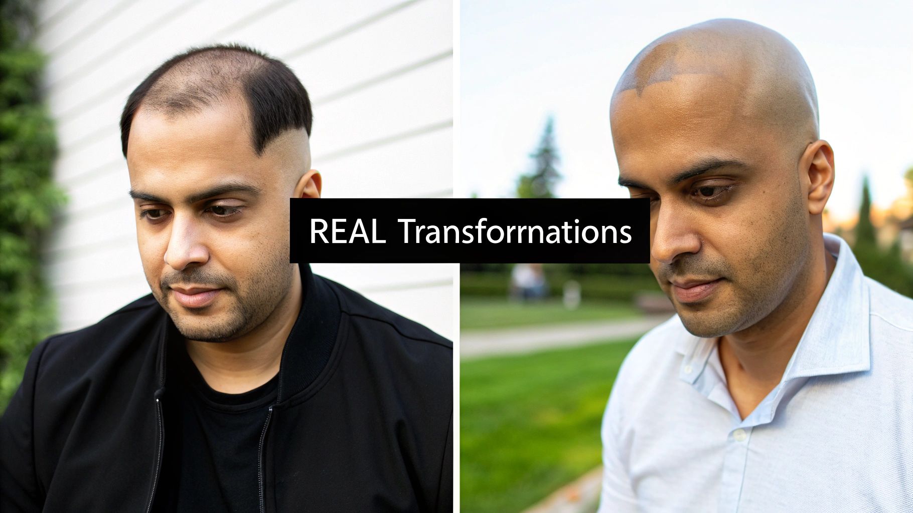 Before and after image of a man showing hair loss versus a shaved head with scalp micropigmentation.