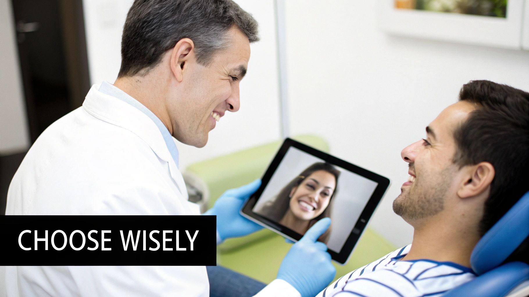 A smiling dentist shows a tablet displaying a woman's bright smile to a happy male patient.