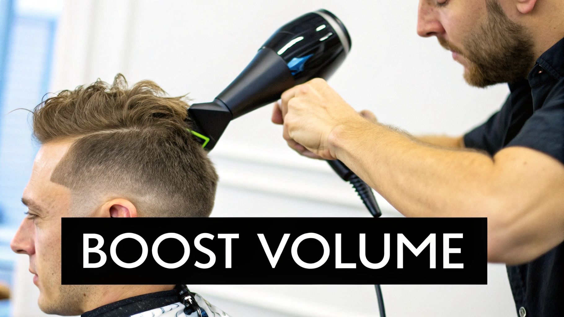 A barber uses a hairdryer to add volume to a man's hair, showcasing a fresh haircut.