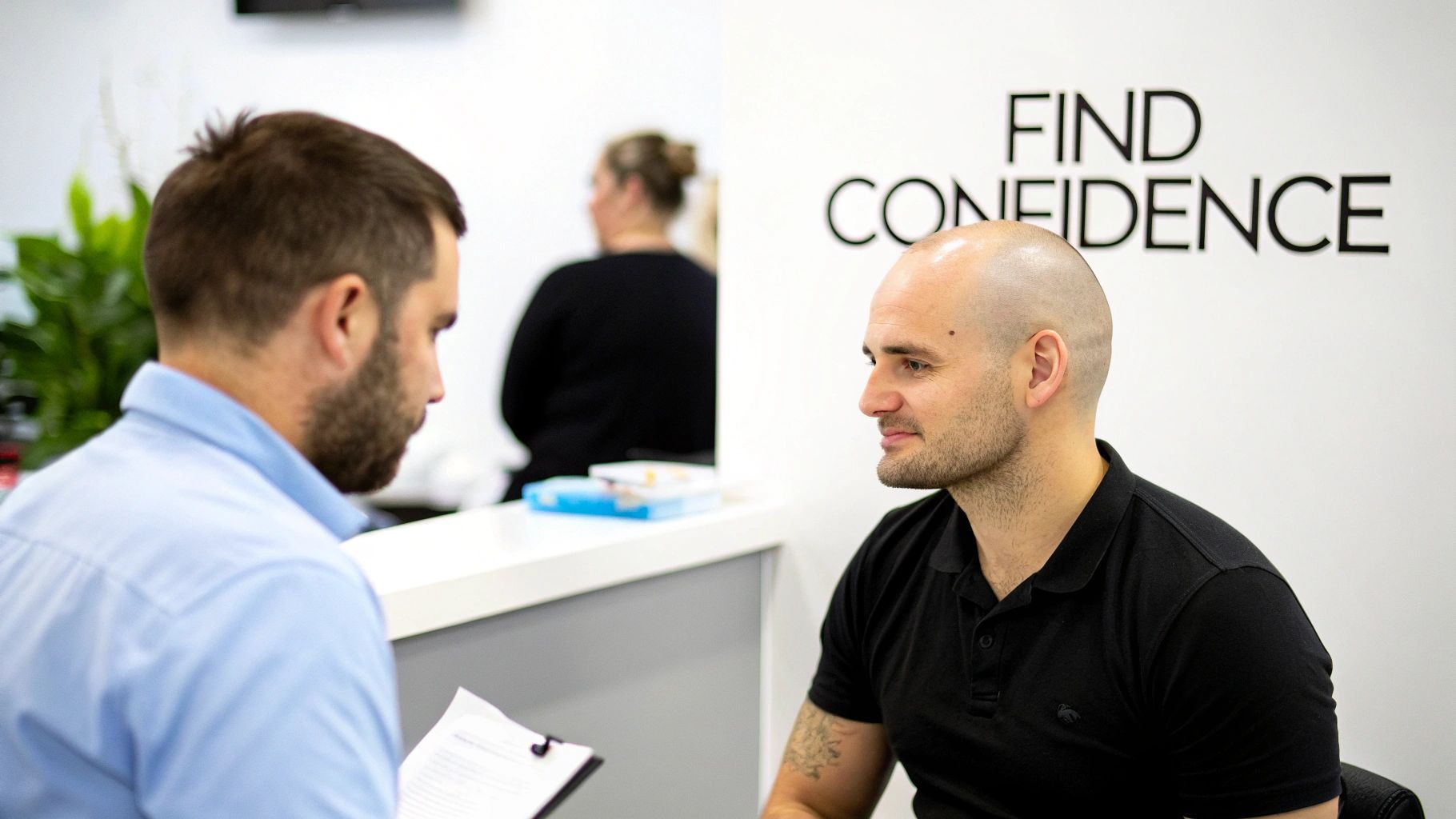 Two men in a modern office setting, one client with a shaved head consulting with a professional.