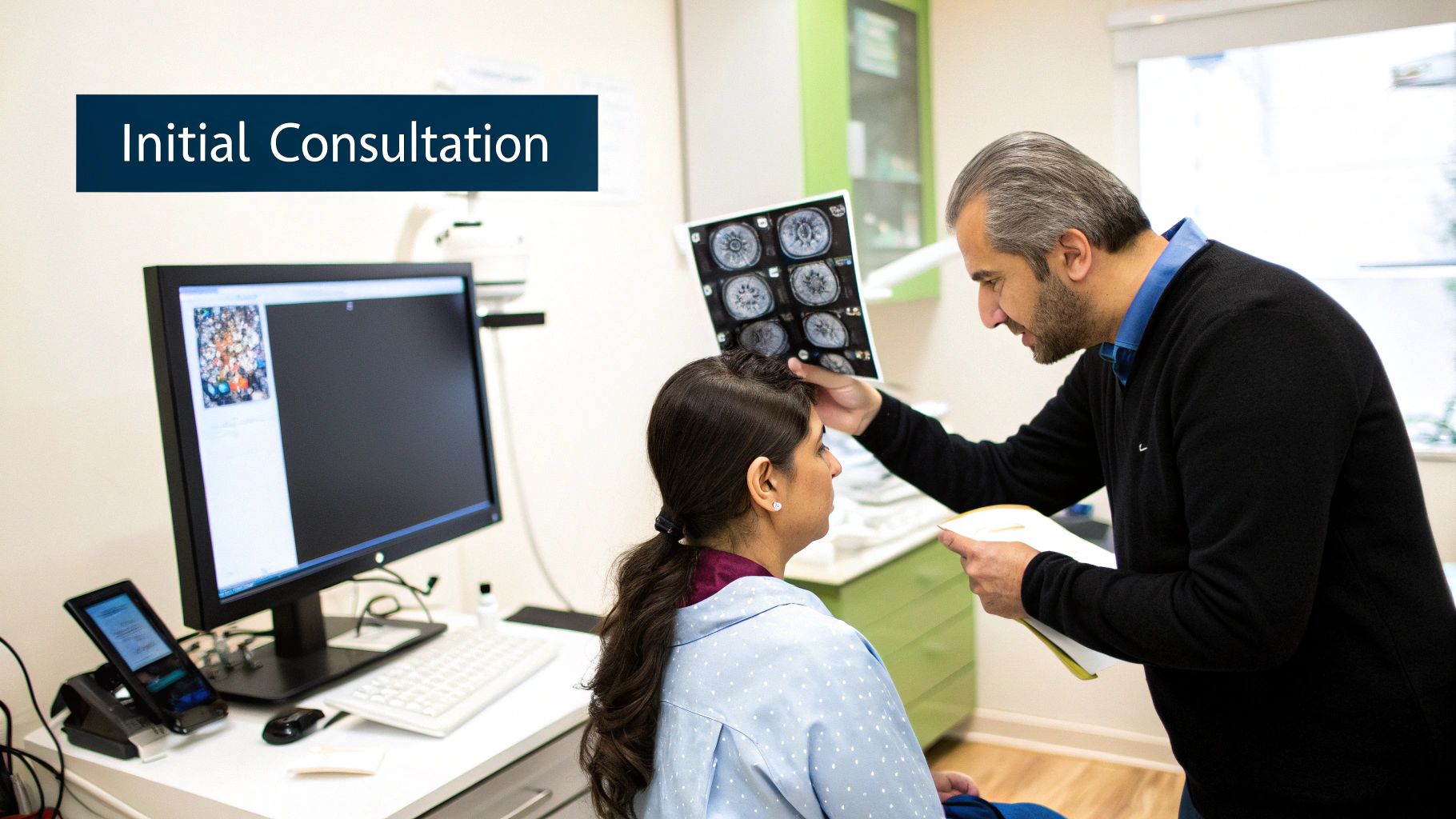 A skilled practitioner discussing hairline options with a client during an SMP consultation.