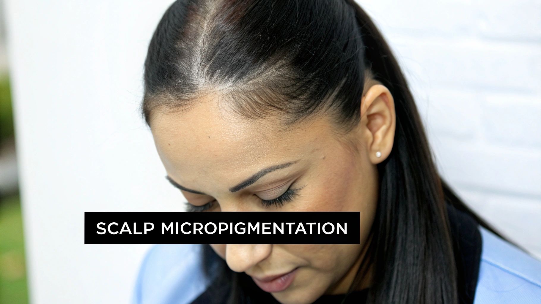 A woman showing the results of scalp micropigmentation on her thinning hair.