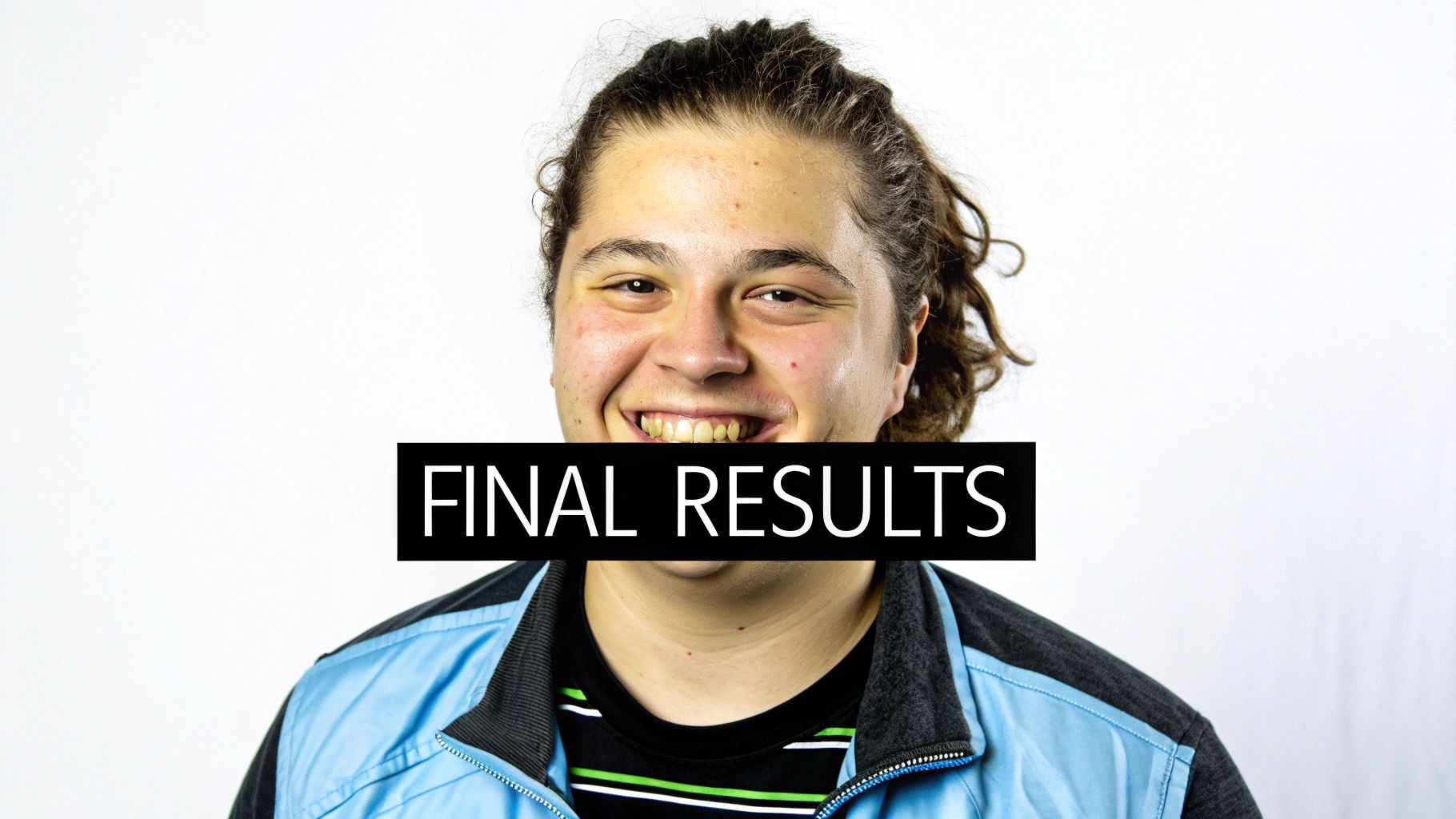 A smiling young man with curly hair wearing a blue jacket, partially obscured by a 'FINAL RESULTS' banner.