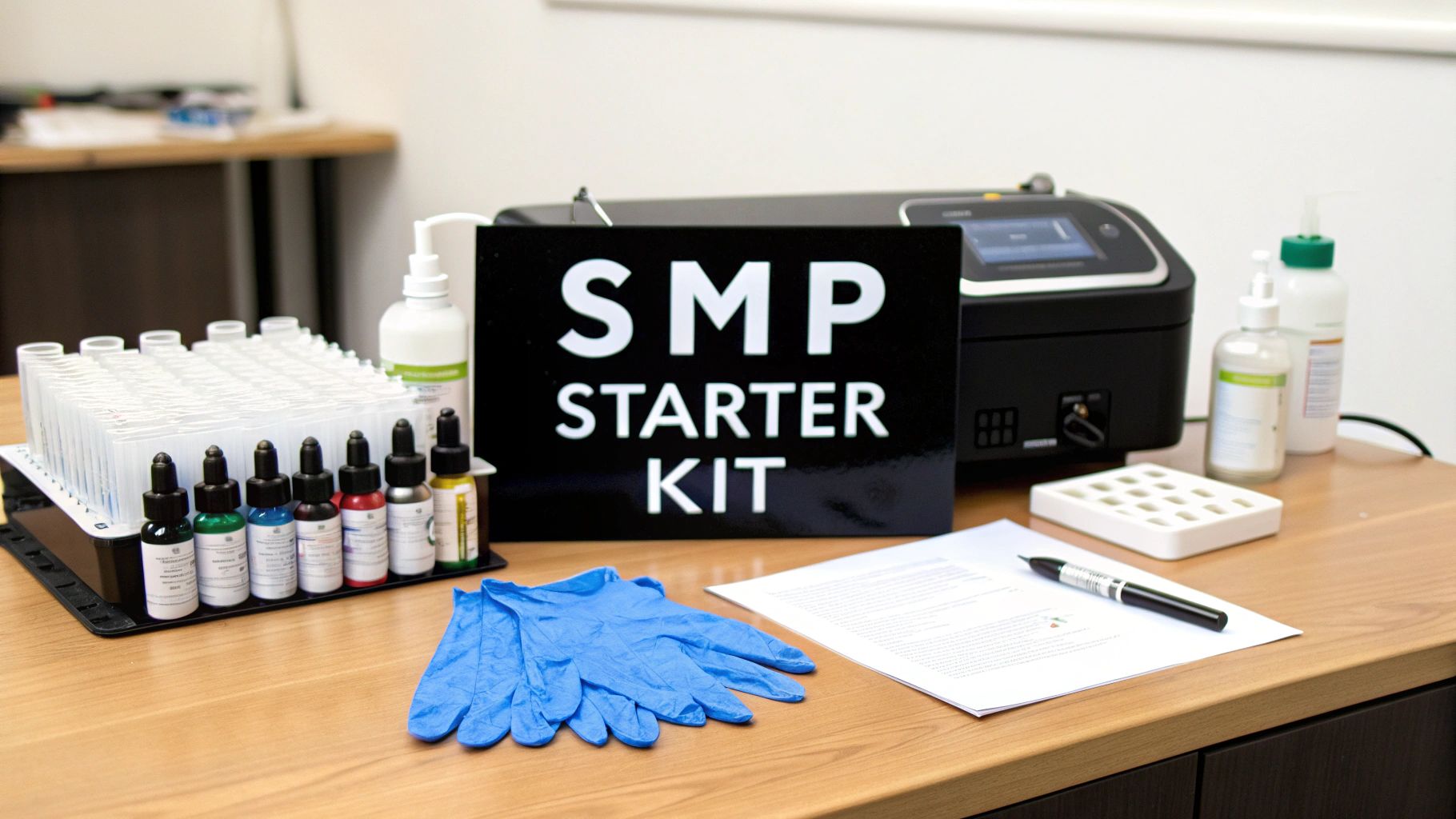 SMP starter kit with micropigmentation supplies, bottles, gloves and equipment on desk