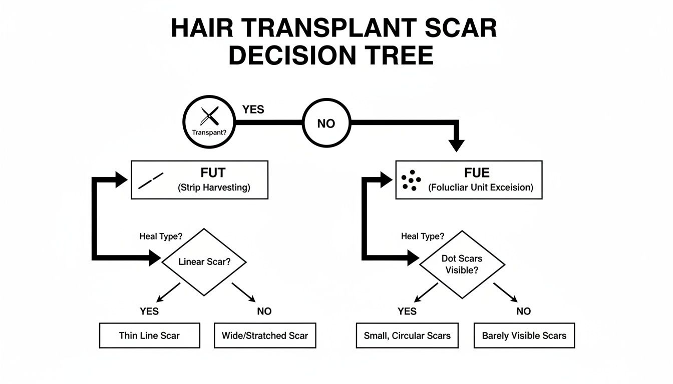 Decision tree illustrating hair transplant scar types from FUT (strip harvesting) and FUE (follicular unit excision) methods.