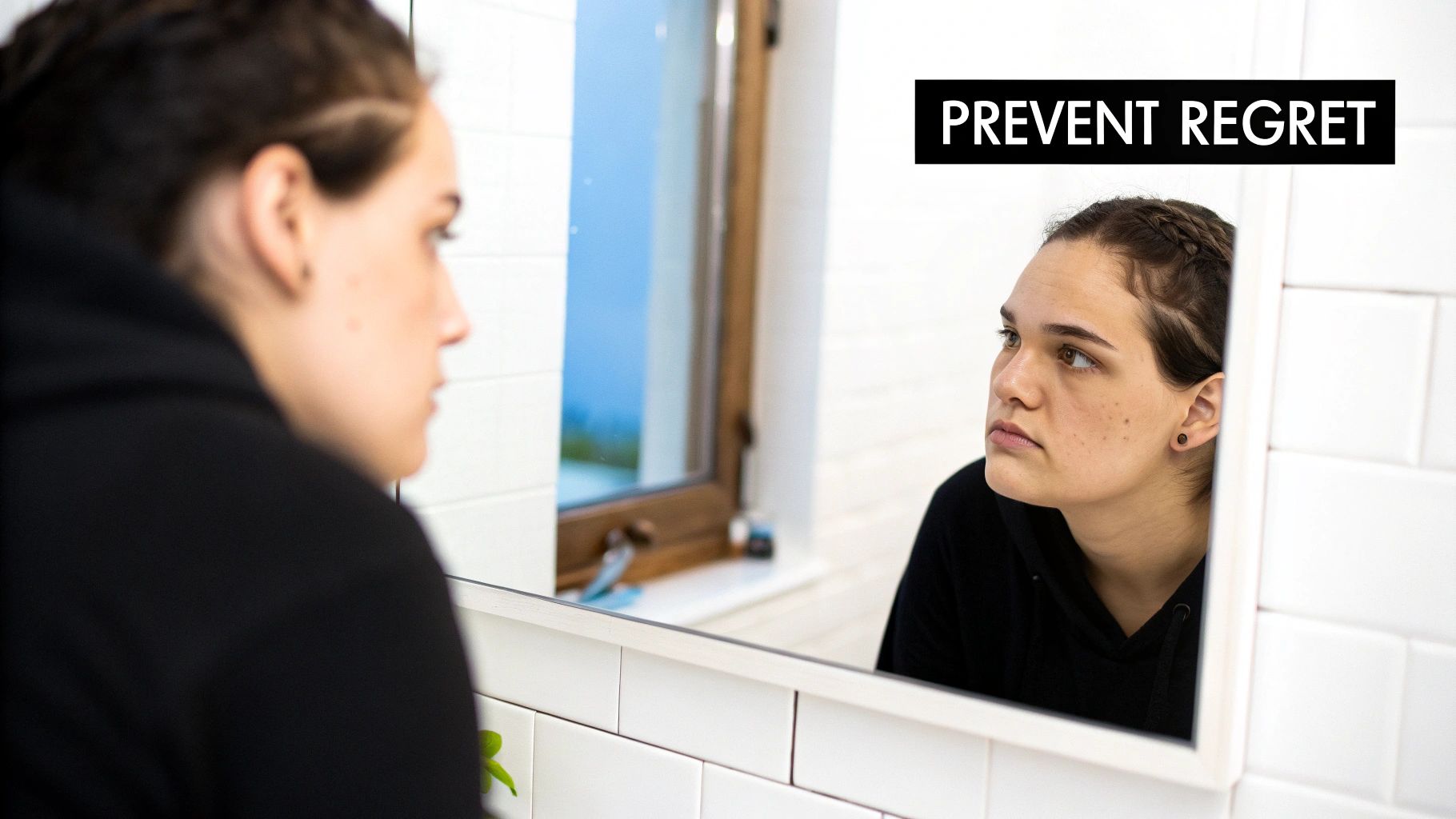 Pensive young woman looking at her reflection in a mirror, with text 'PREVENT REGRET'.