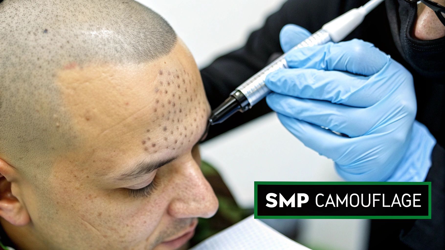 A close-up of a person receiving scalp micropigmentation (SMP) to camouflage hair plug scars.