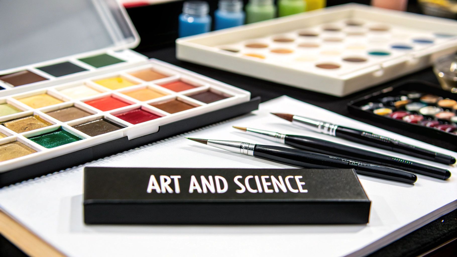 A close-up of various art supplies, including paint palettes, brushes, and a box labeled 'Art and Science'.