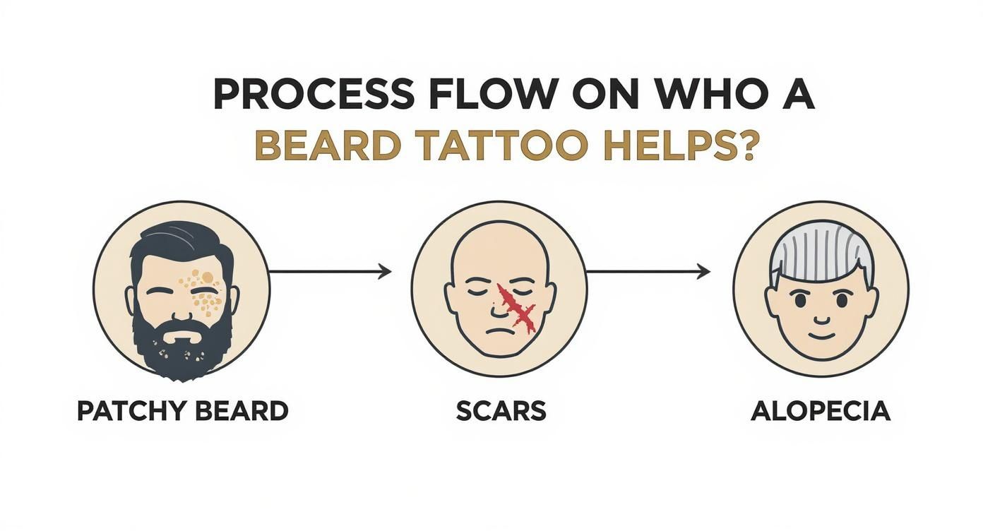 Flowchart showing who a beard tattoo helps for patchy beard, facial scars, and alopecia.
