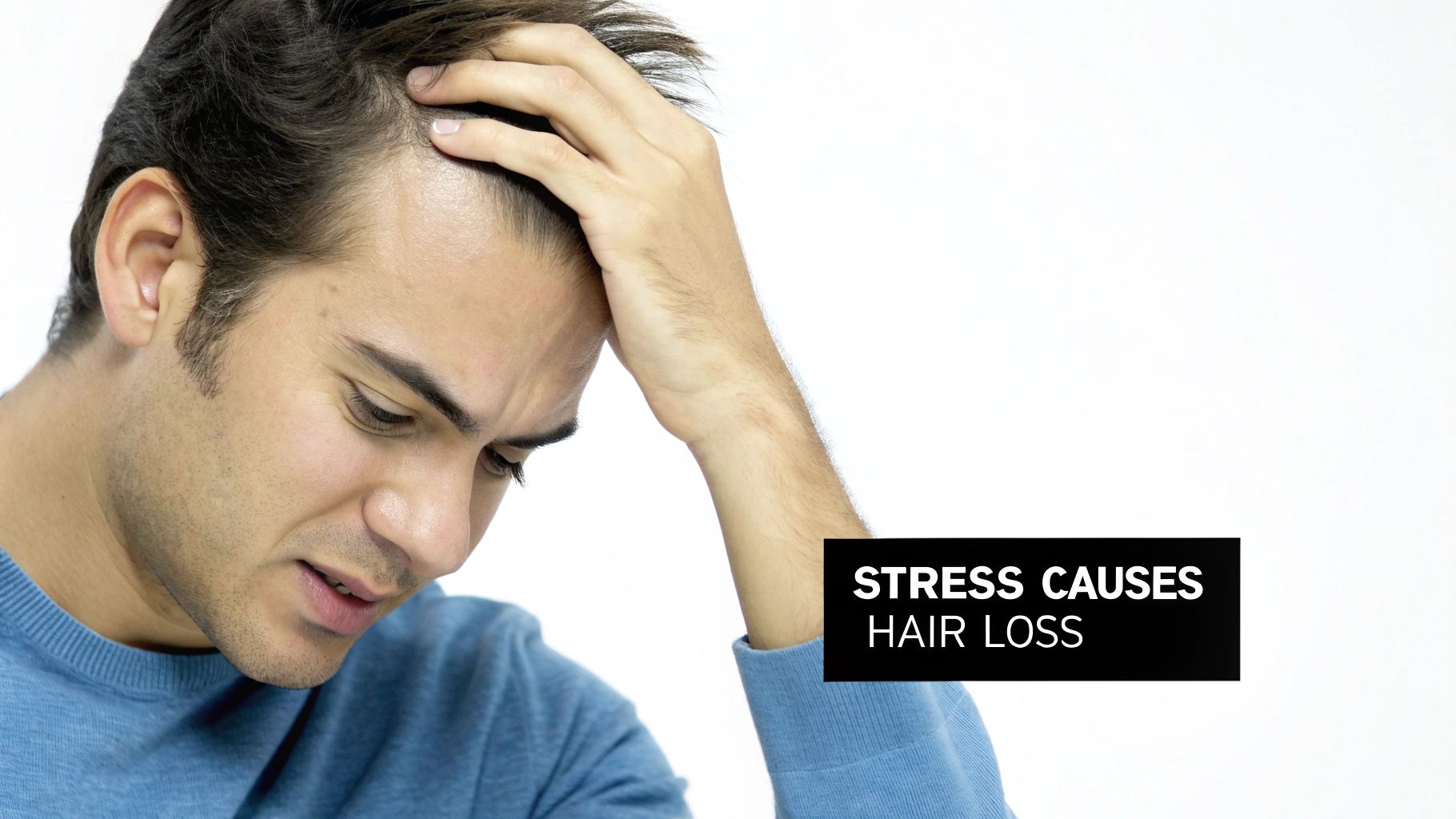 A stressed man with a receding hairline holding his head, with text 'STRESS CAUSES HAIR LOSS'.