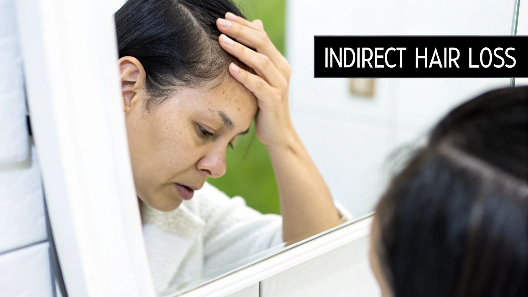 A distressed woman looks at her receding hairline in a mirror, worried about hair loss.