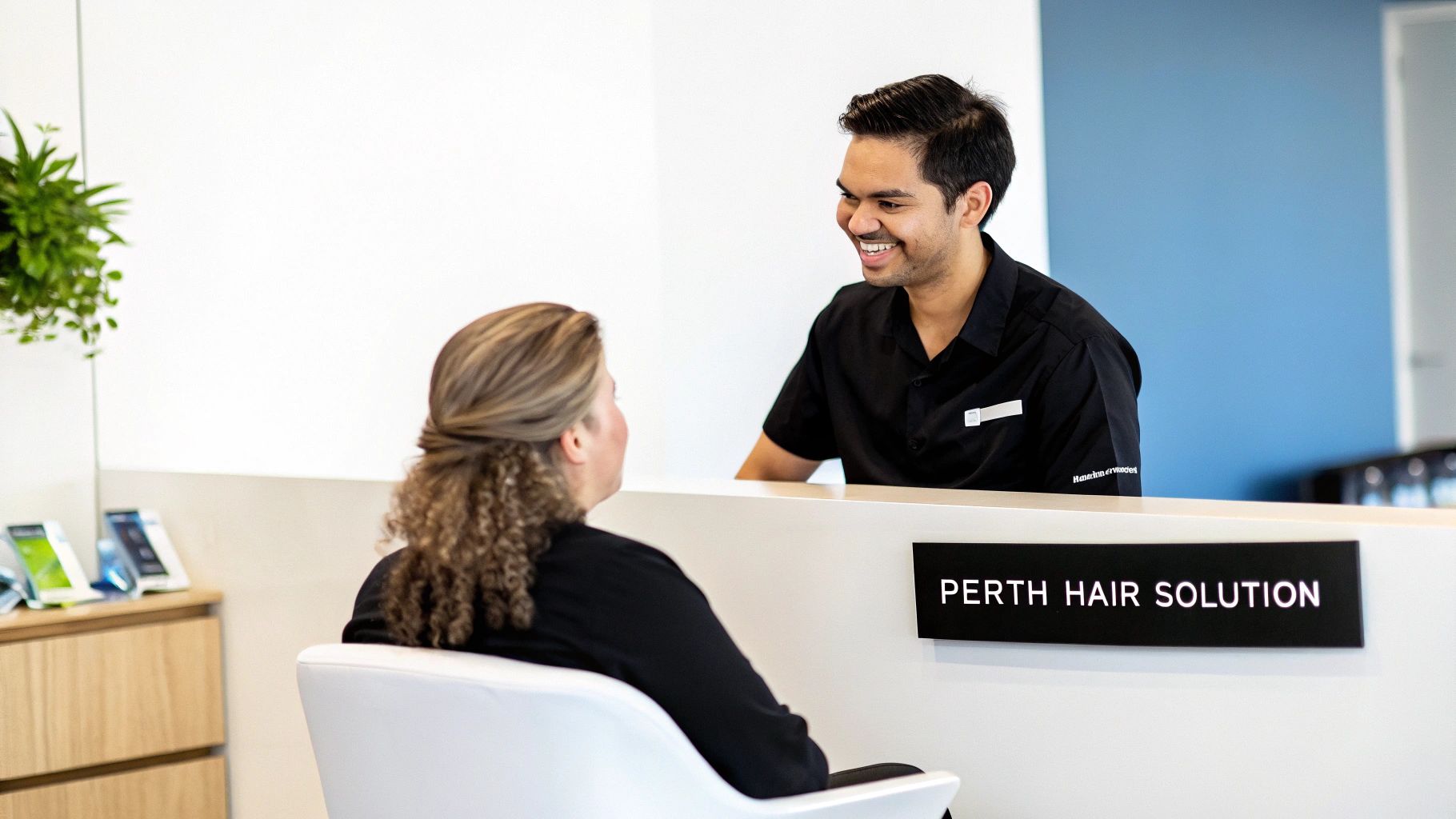 A friendly male staff member at Perth Hair Solution clinic consulting a female client.