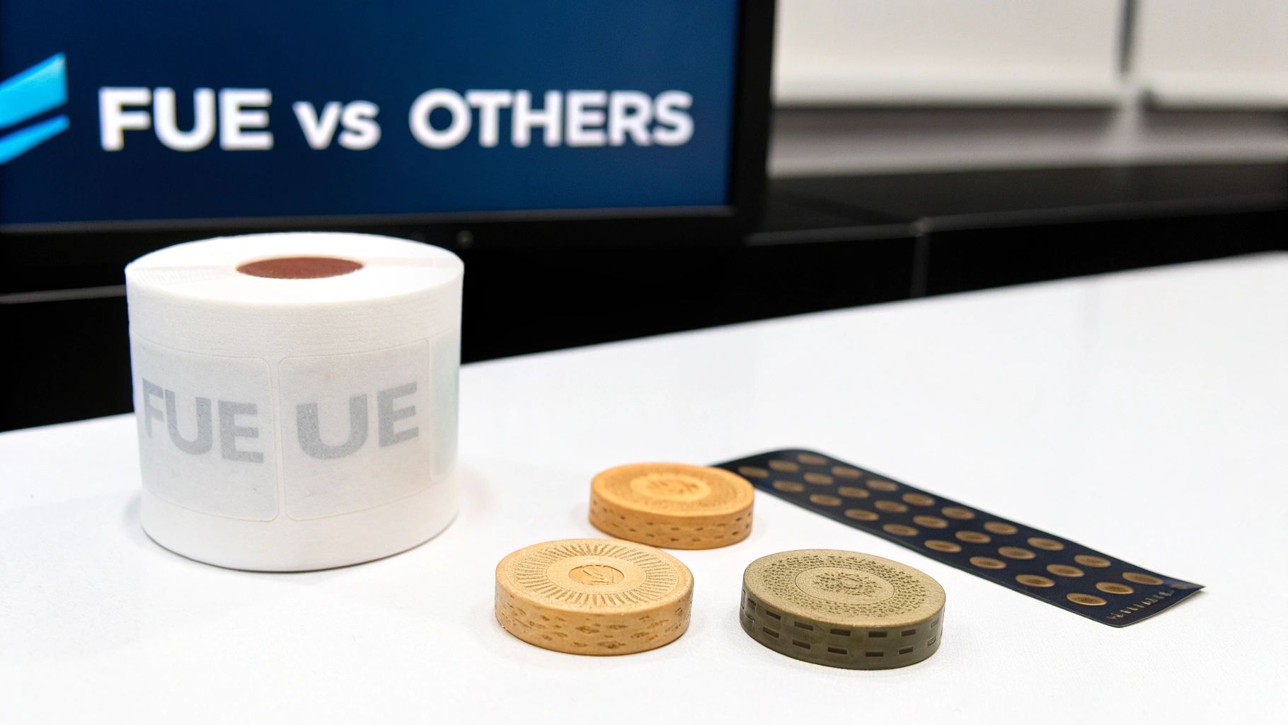 Close-up of FUE hair transplant tools: a tape roll, patterned devices, and a screen showing 'FUE vs OTHERS'.