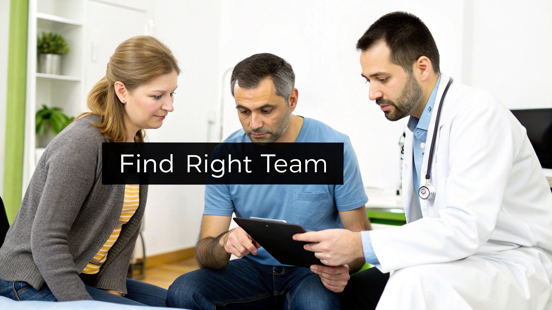 A doctor shows a clipboard to a man and woman during a medical consultation.