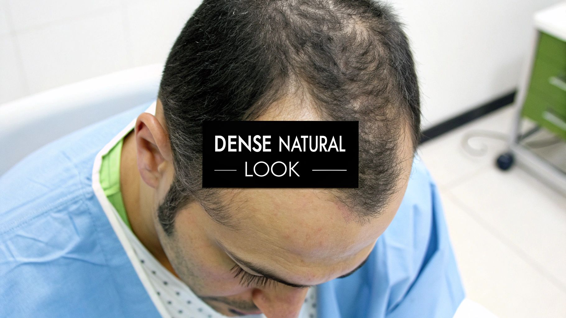 Overhead view of a man with extensive hair thinning and baldness on his scalp, wearing a medical gown.