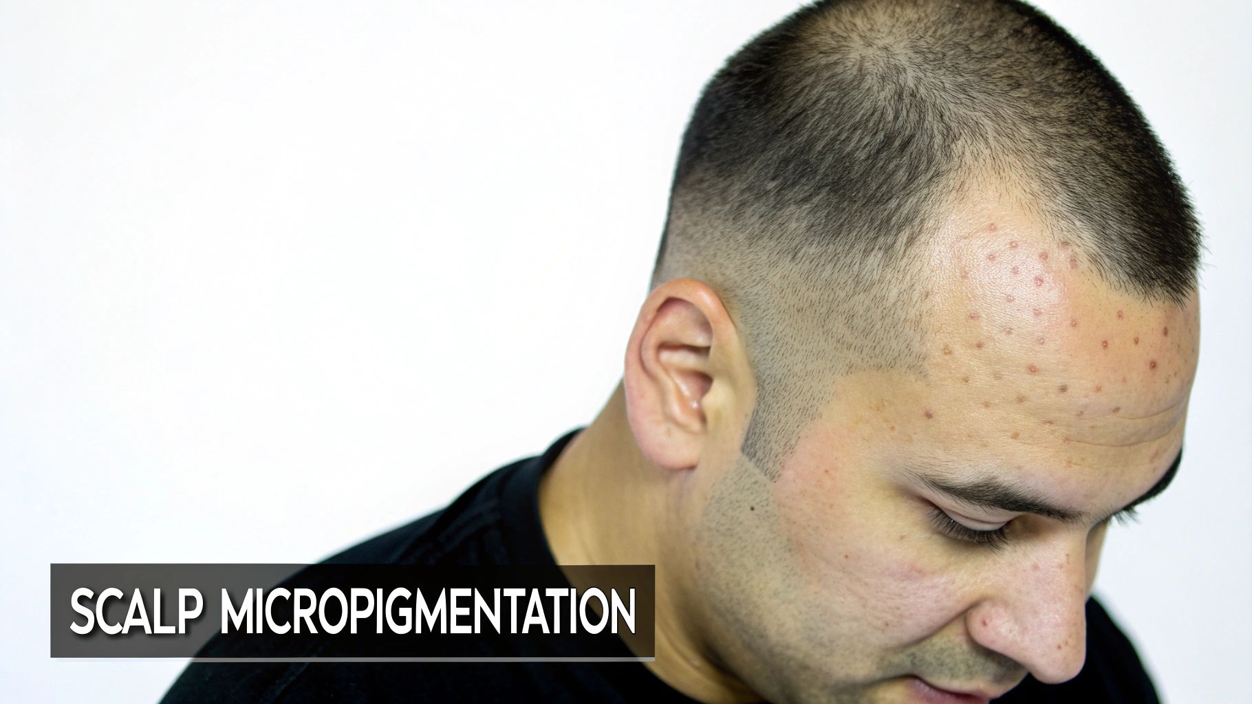 Close-up of a man's head featuring scalp micropigmentation on his forehead for hair loss.
