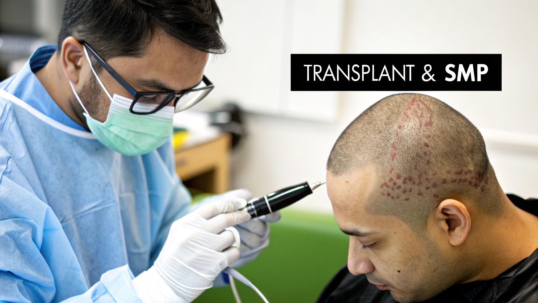 A medical professional performs scalp micropigmentation and hair transplant on a patient's head.