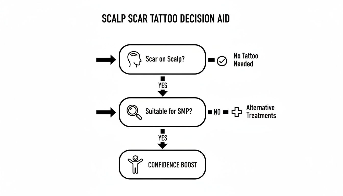 Flowchart outlining the Scalp Scar Tattoo Decision Aid, guiding individuals through suitability for SMP.