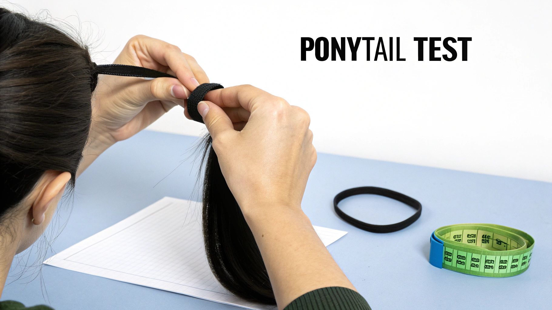 A person's hands doing the ponytail test on their dark hair, using a black hair tie.