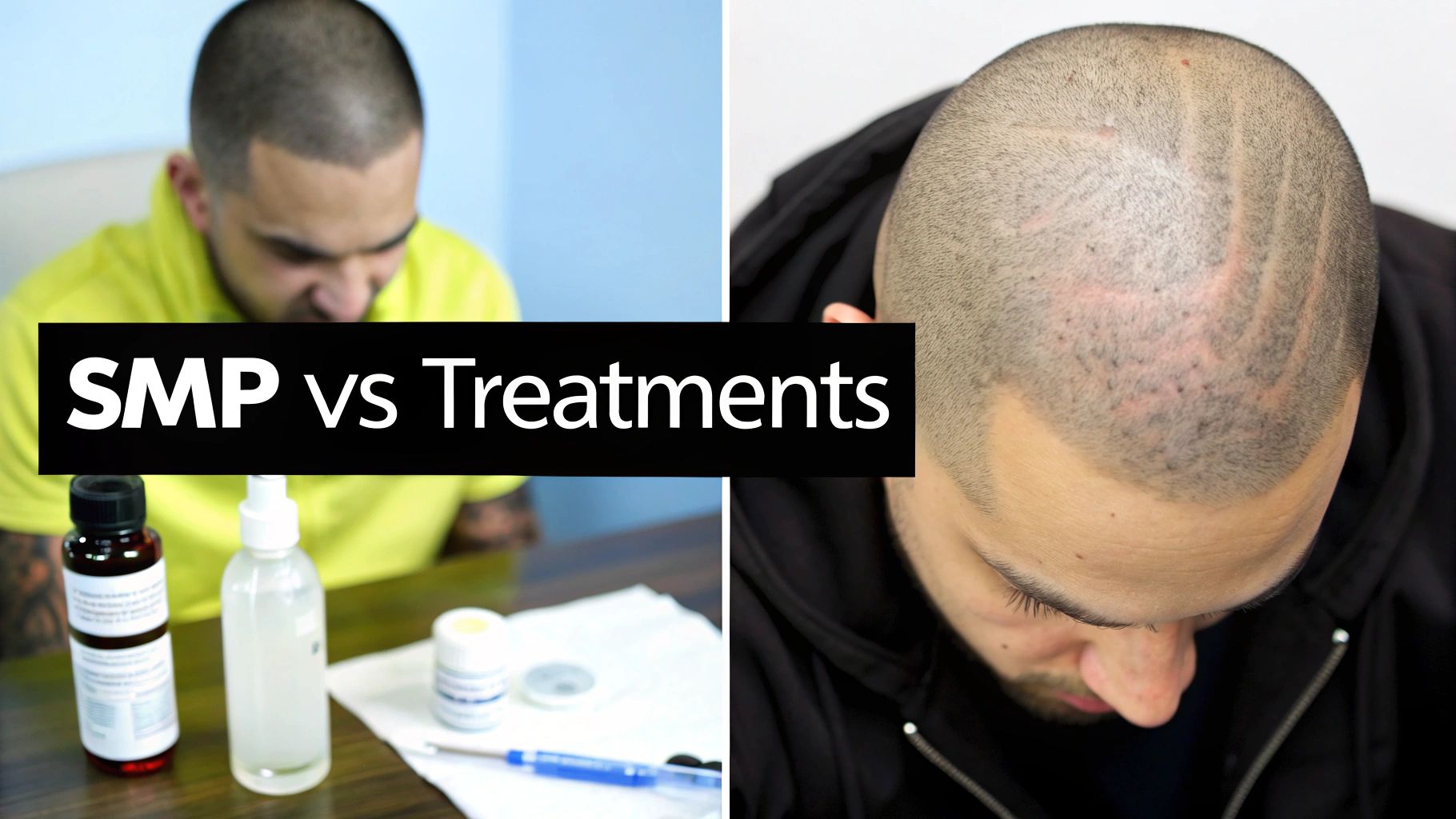 A split image showing 'SMP vs Treatments' with men receiving scalp micropigmentation and related tools.
