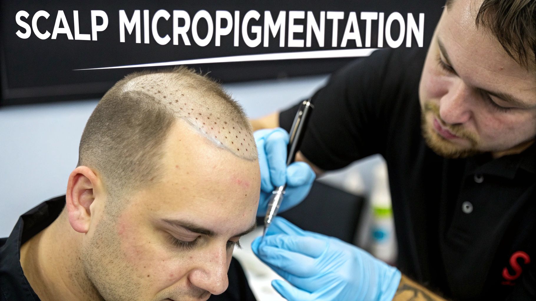 An artist performing scalp micropigmentation on a client's hairline