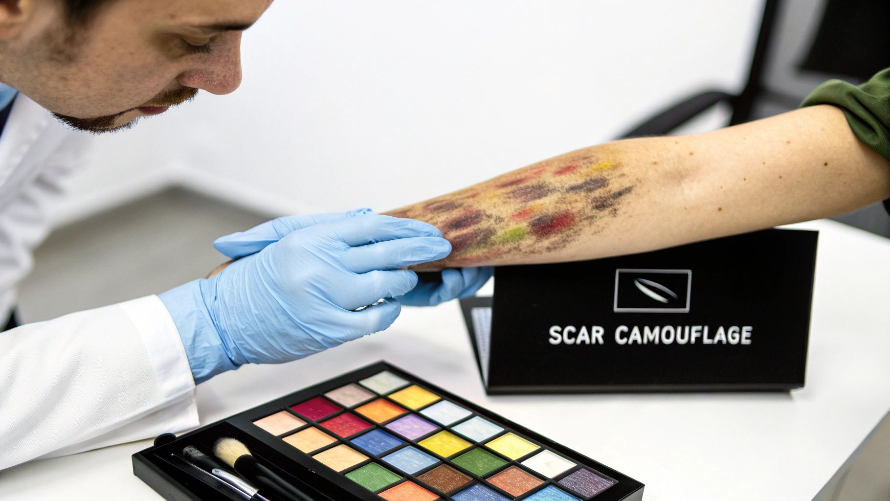 A professional in blue gloves applies makeup from a colorful palette to an arm for scar camouflage.