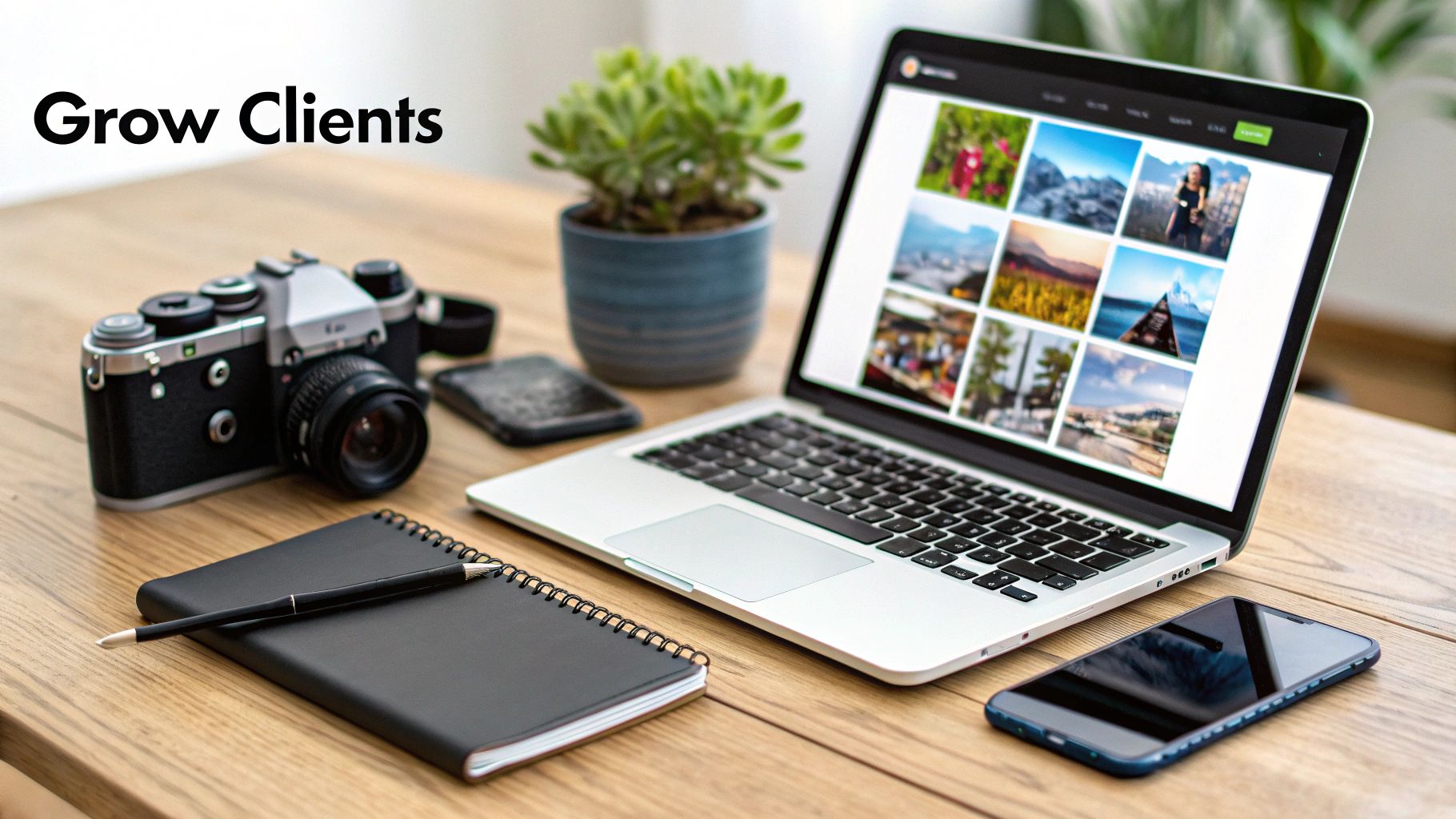 Text "Grow Clients" above a photographer's desk with a vintage camera, laptop displaying a photo gallery, and a notebook on a wooden surface.