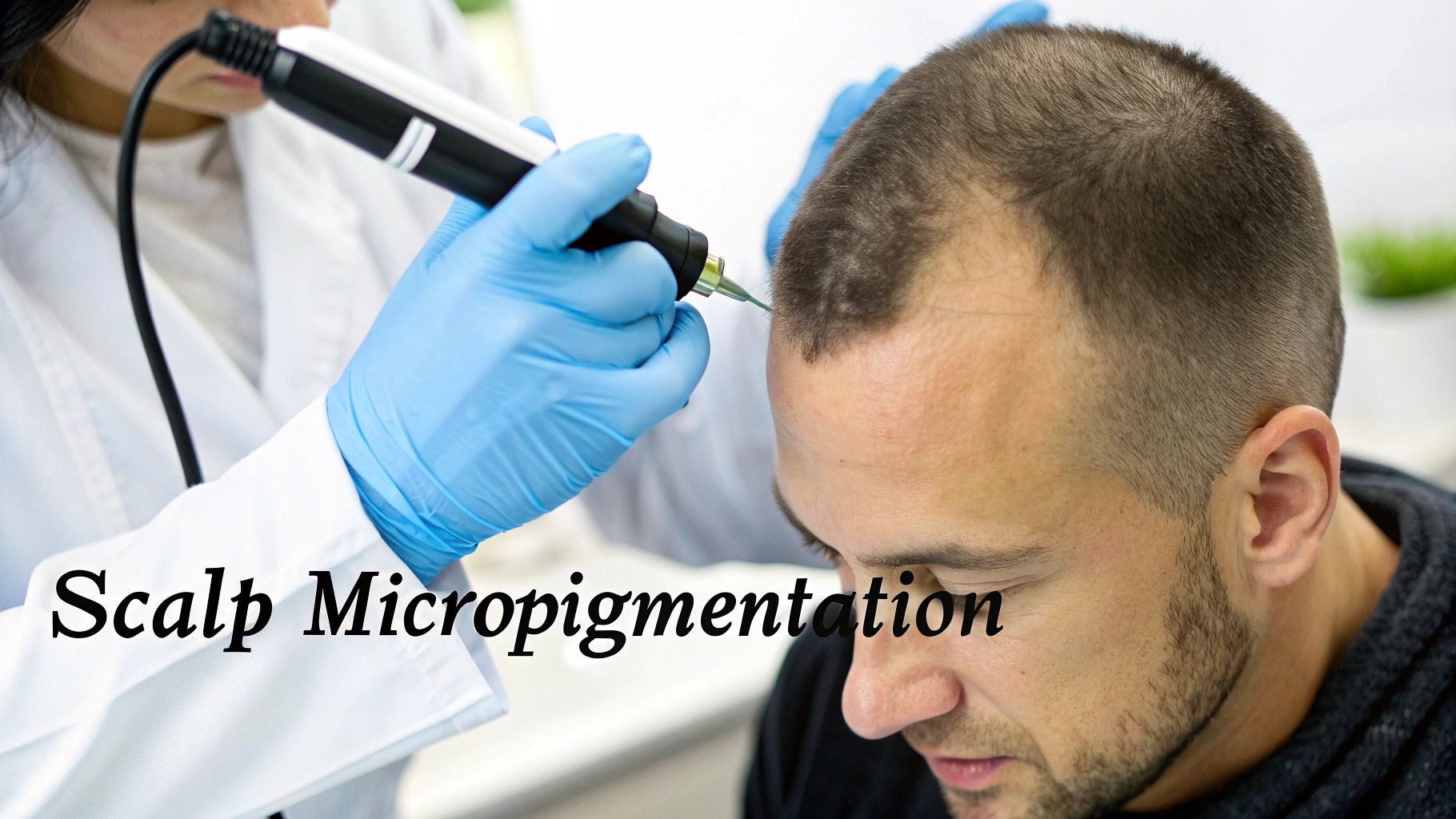 Practitioner applies scalp micropigmentation to a man's head, simulating the appearance of hair follicles for a fuller look.