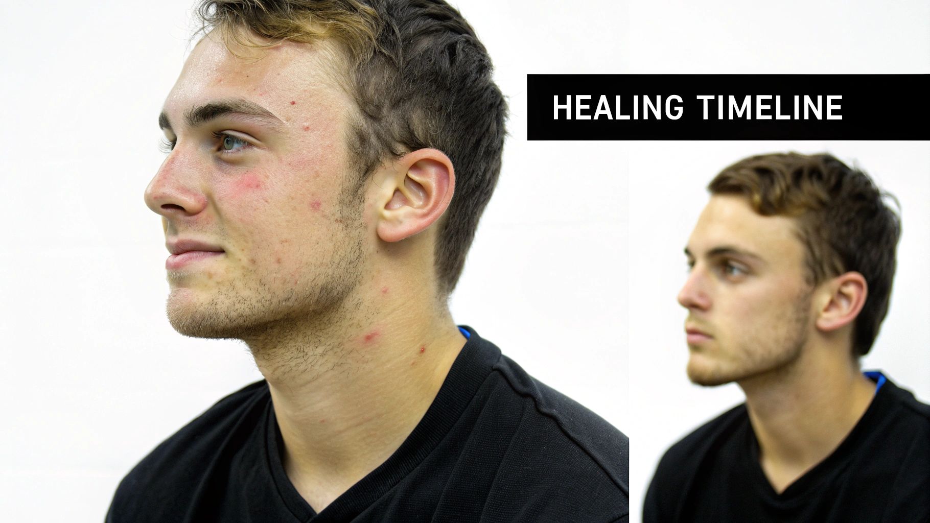 Profile of a young man with facial acne and neck spots, depicting a healing timeline.