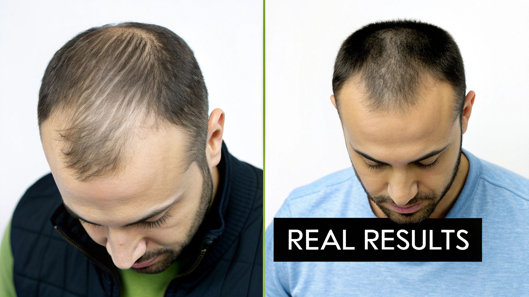 Before and after comparison of a man's scalp showing significant hair regrowth and improved density.