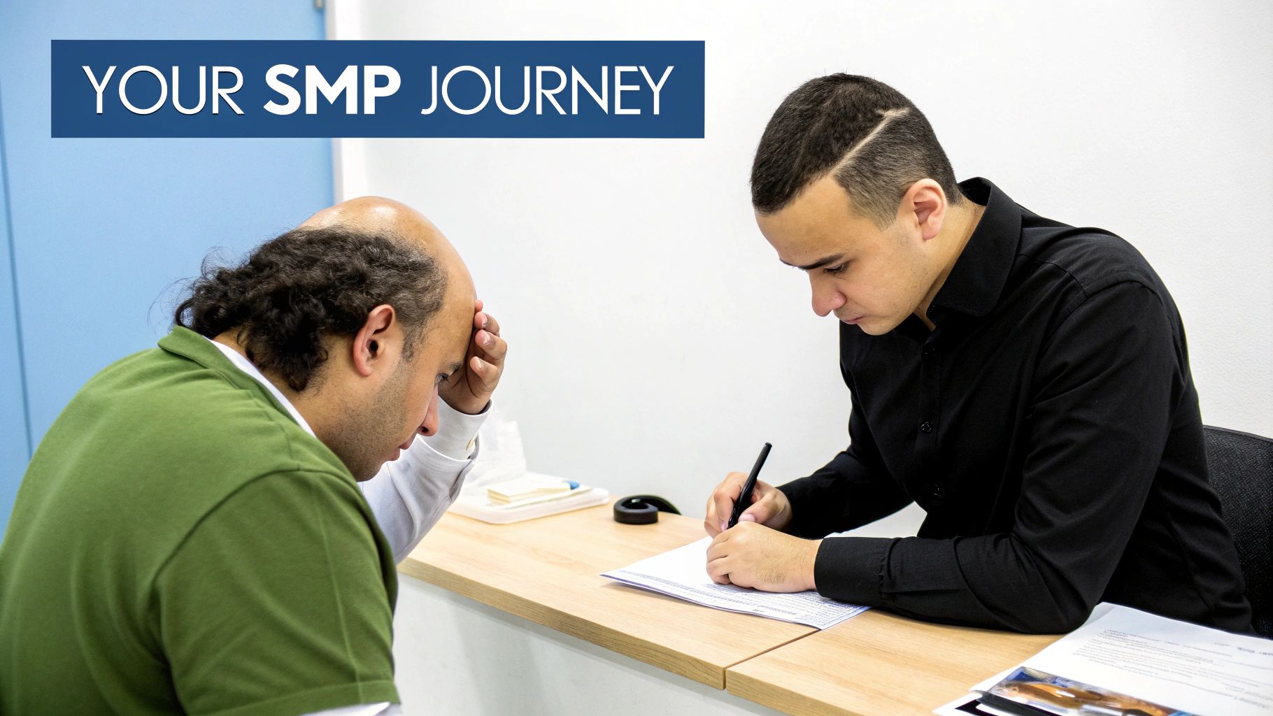 A distressed balding man consults with a professional writing on a form, likely discussing SMP.