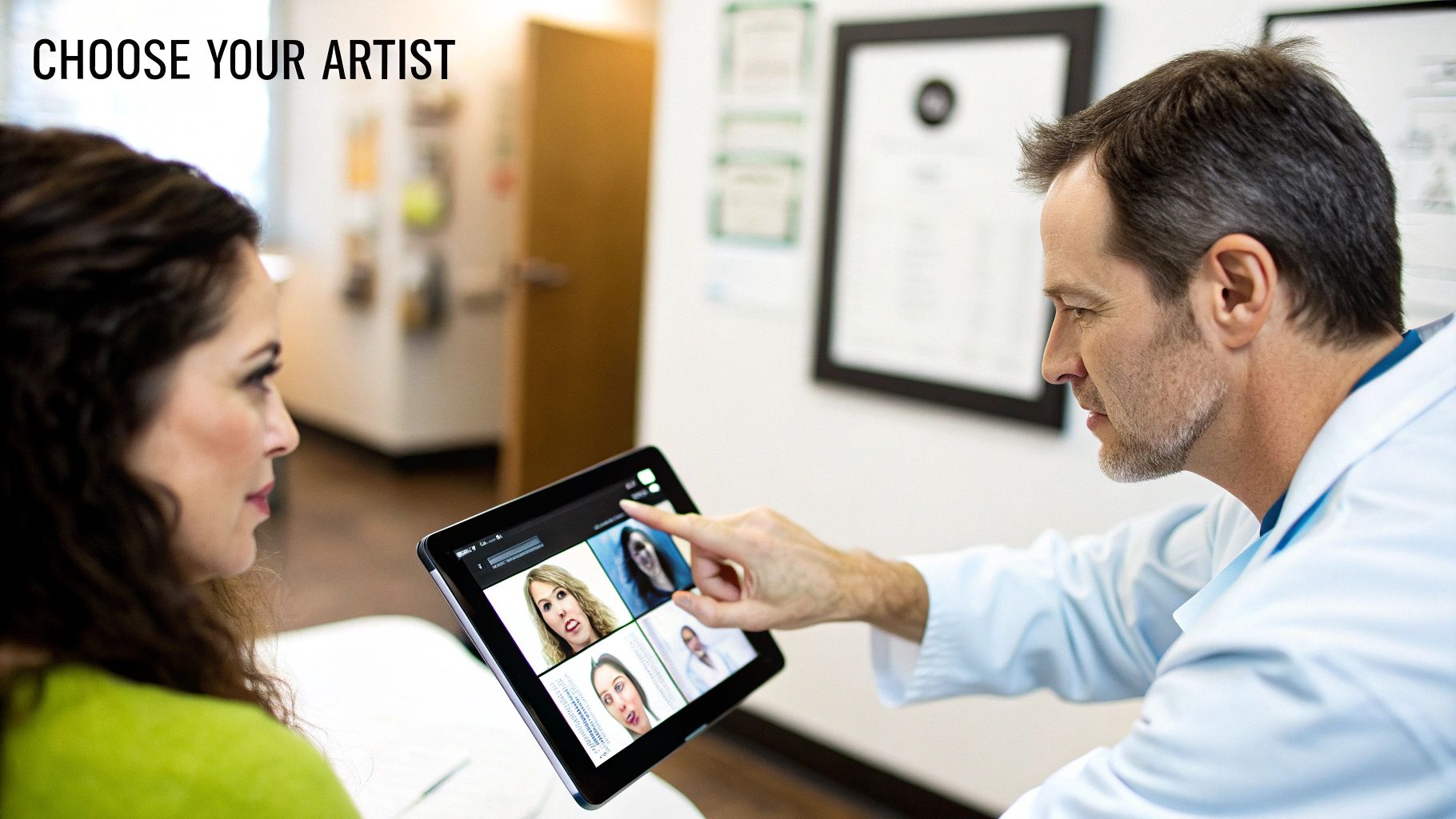 A practitioner points to artist profiles on a tablet for a woman, choosing a cosmetic service.