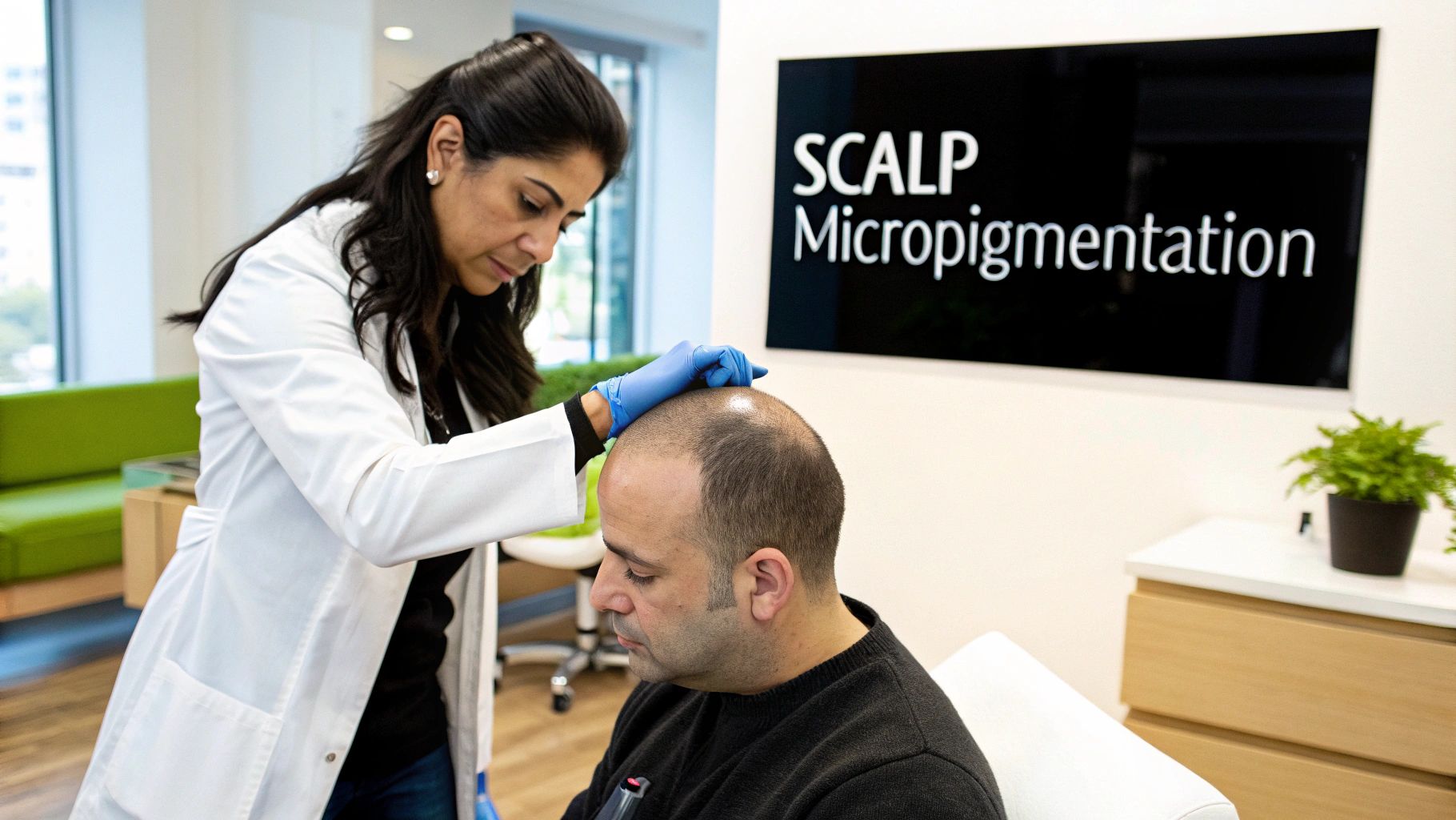 A man's scalp after undergoing micropigmentation for scalp treatment, showing a realistic buzz-cut look.