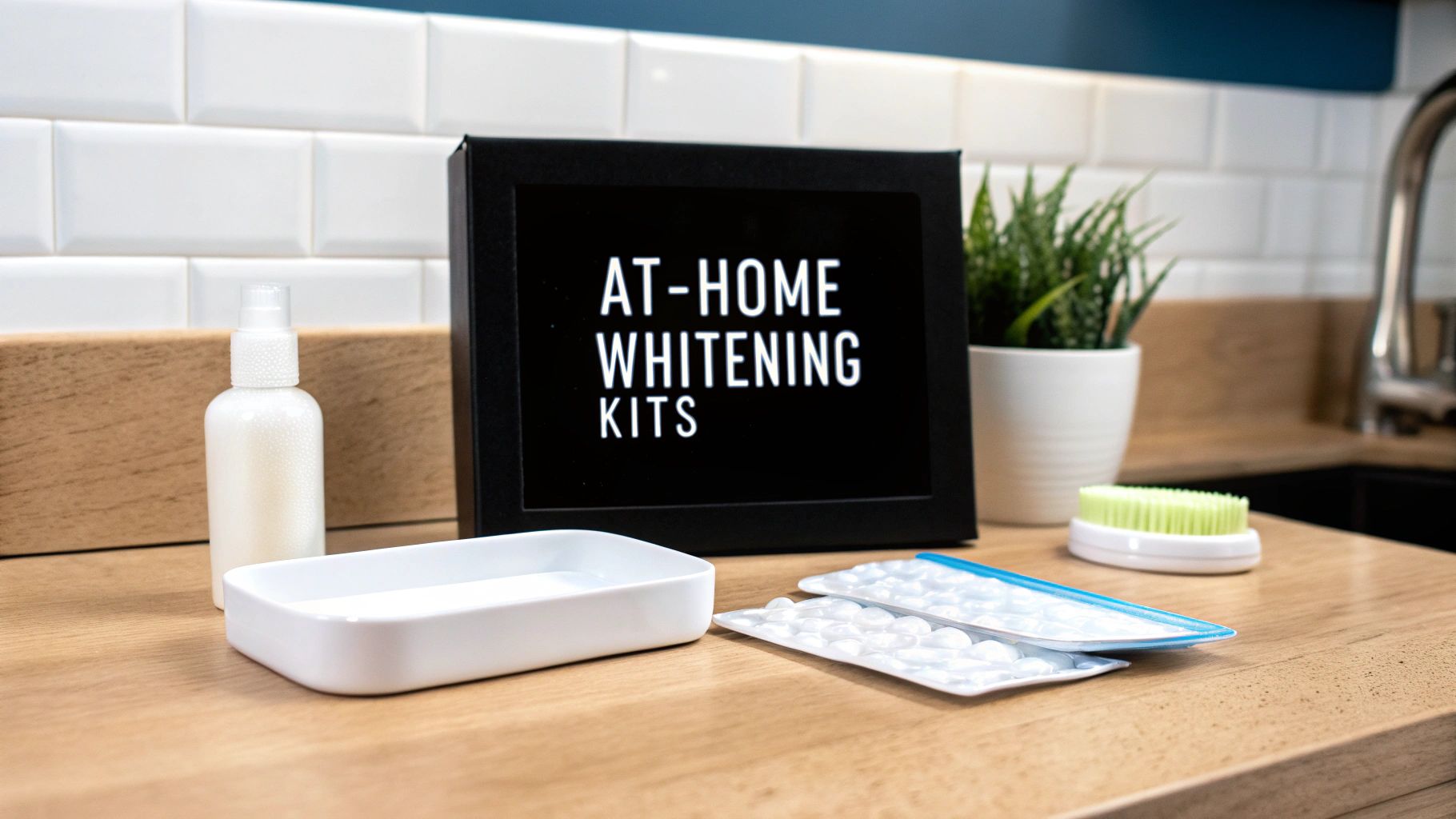 At-home teeth whitening kits are displayed on a wooden counter, featuring a letter board, spray bottle, and dental products.