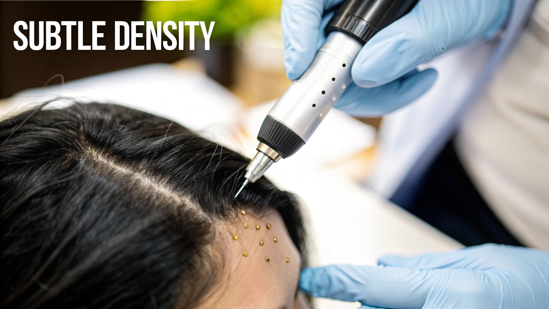 Medical professional performing scalp micropigmentation procedure on woman's hairline to create subtle hair density