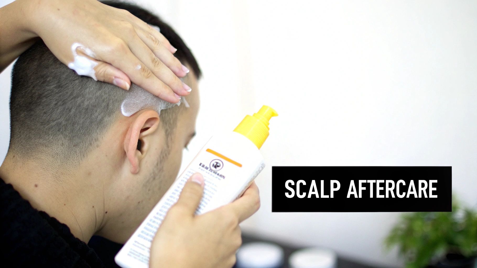 A person applying sunscreen to their scalp.