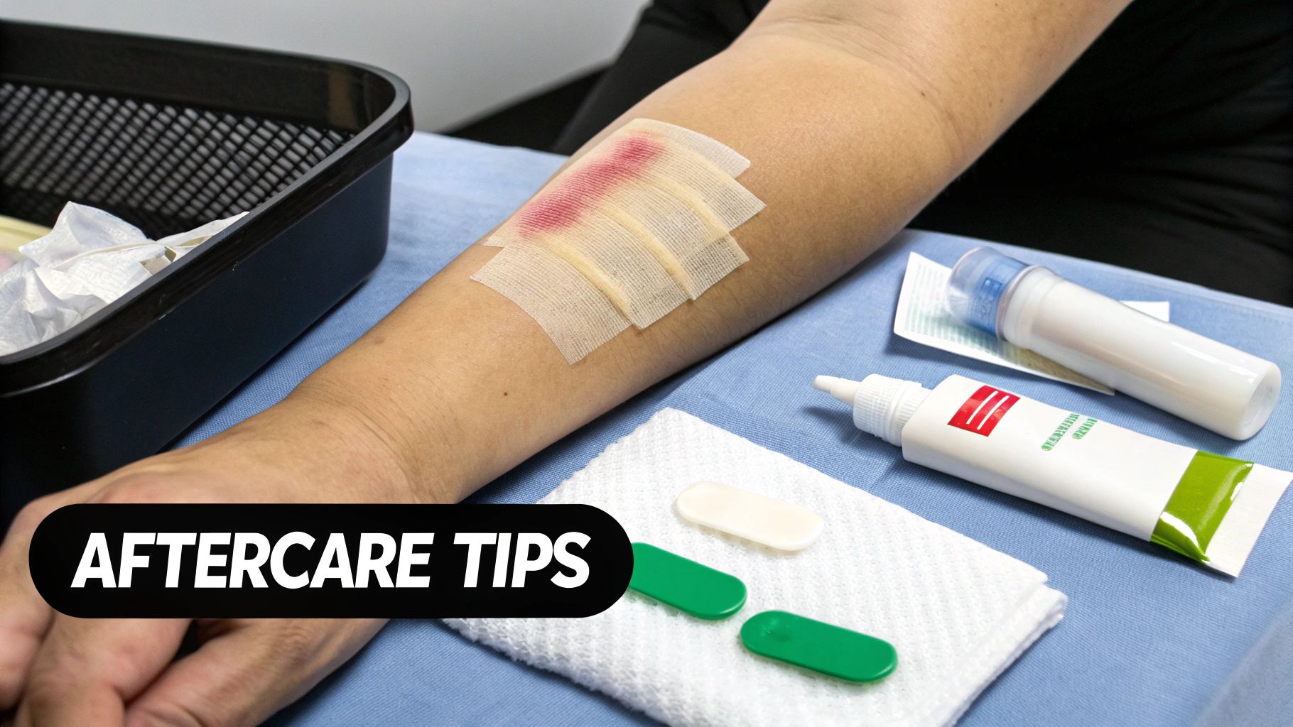 Close-up of a person's arm with medical tape on a red area, surrounded by aftercare supplies.