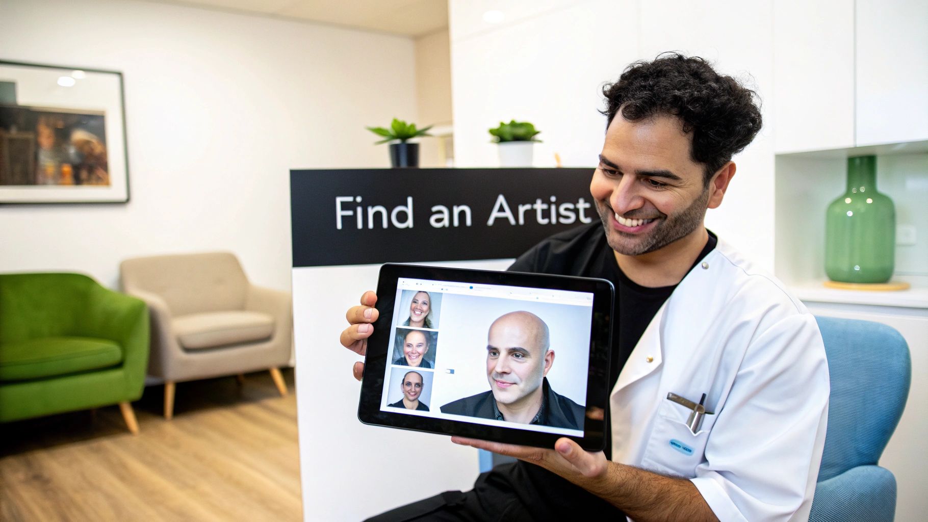 A smiling male practitioner in a clinic holds a tablet displaying potential scalp micropigmentation artists and results.