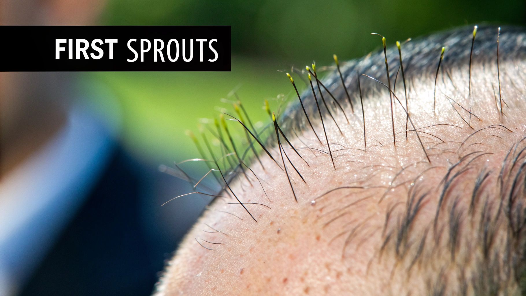 Close-up of a person's scalp showing the first sprouts of new hair growing.