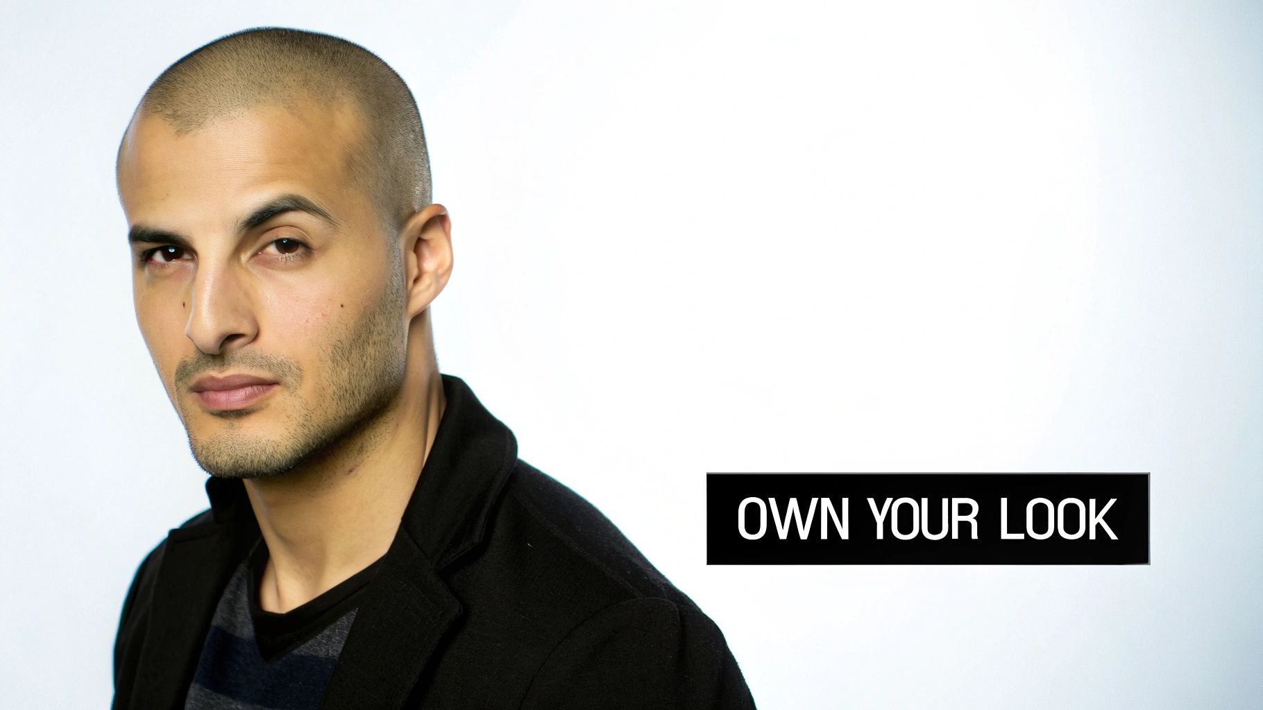 Man touching his head while looking at himself in the mirror