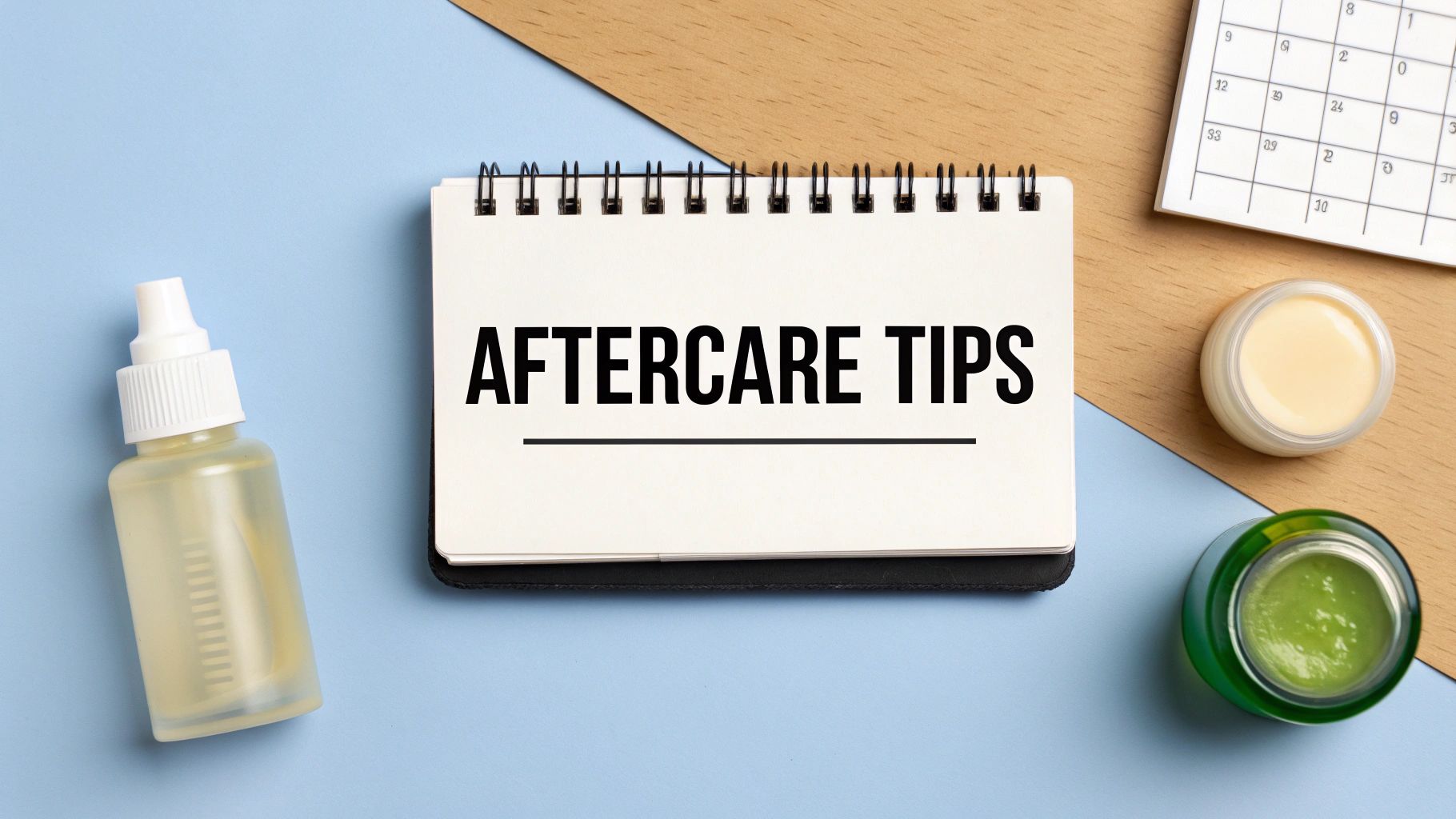 A flat lay with a notebook displaying 'AFTERCARE TIPS', skincare products, and a calendar on a blue and brown background.