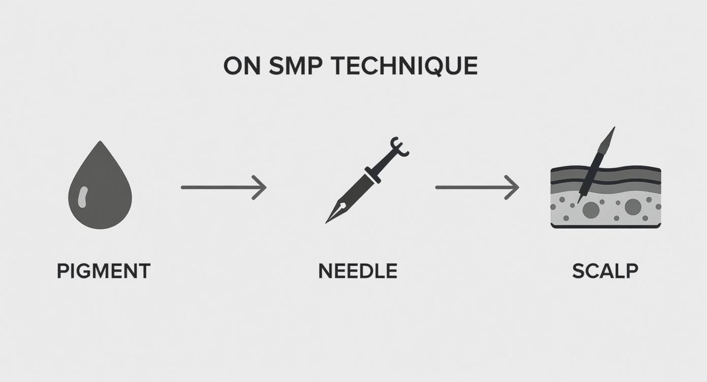 Diagram showing scalp micropigmentation process with pigment, needle, and scalp illustration