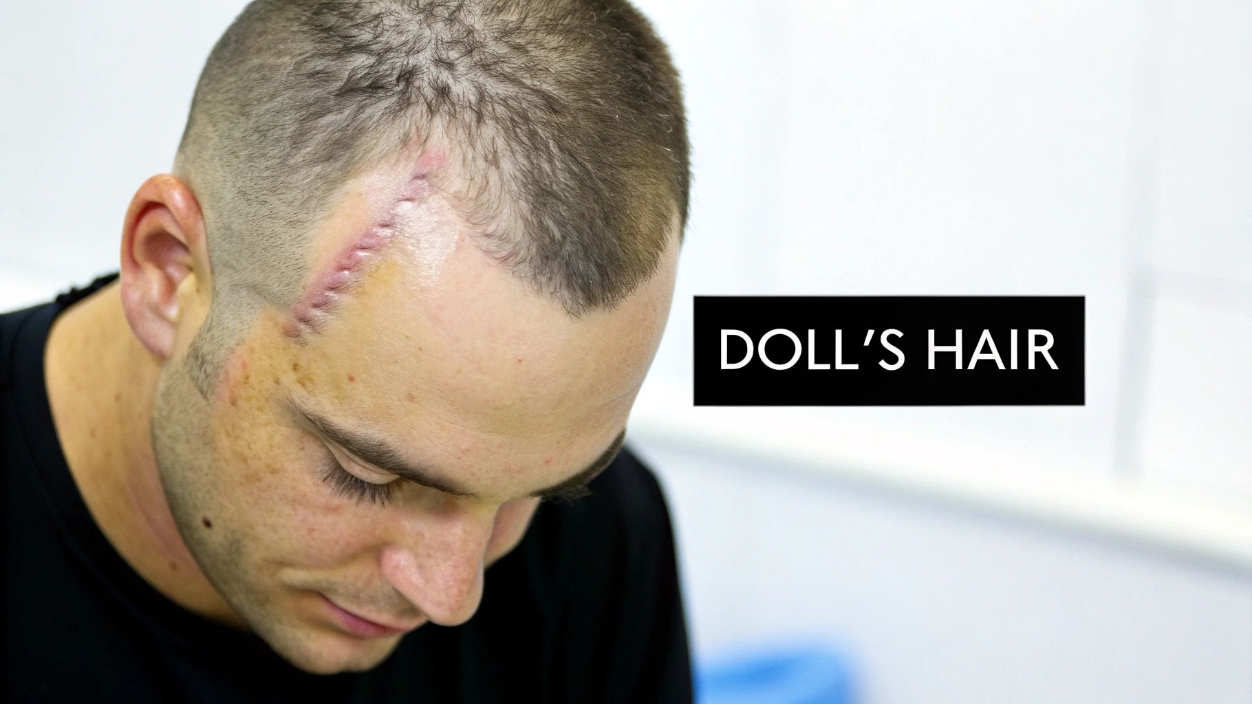 Close-up of a man with a fresh surgical scar on his scalp, possibly from a hair transplant.