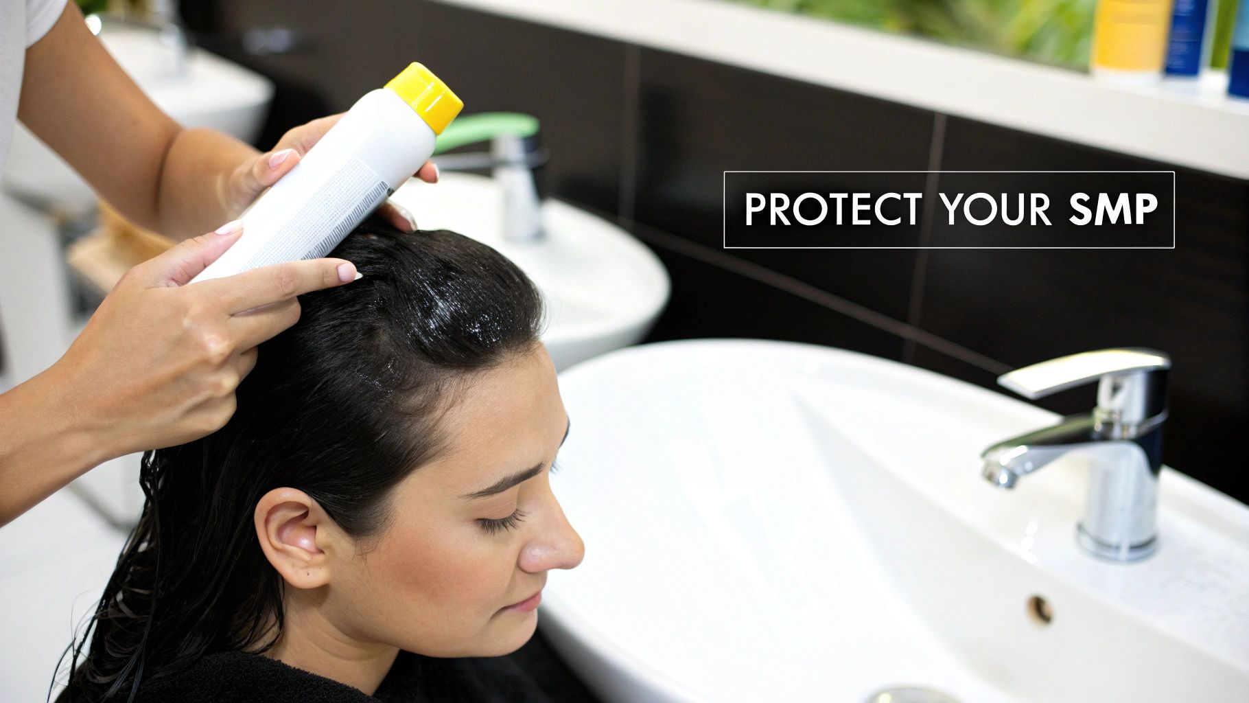 Hand applying protective product from a bottle to a woman's scalp in a hair salon.