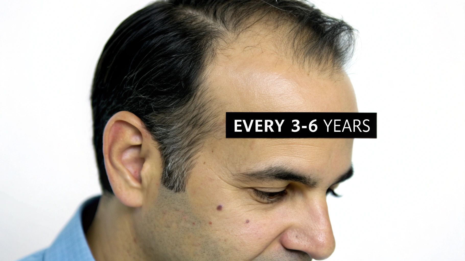 Close-up of a man's receding hairline and grey hair, with text 'EVERY 3-6 YEARS' on his forehead.