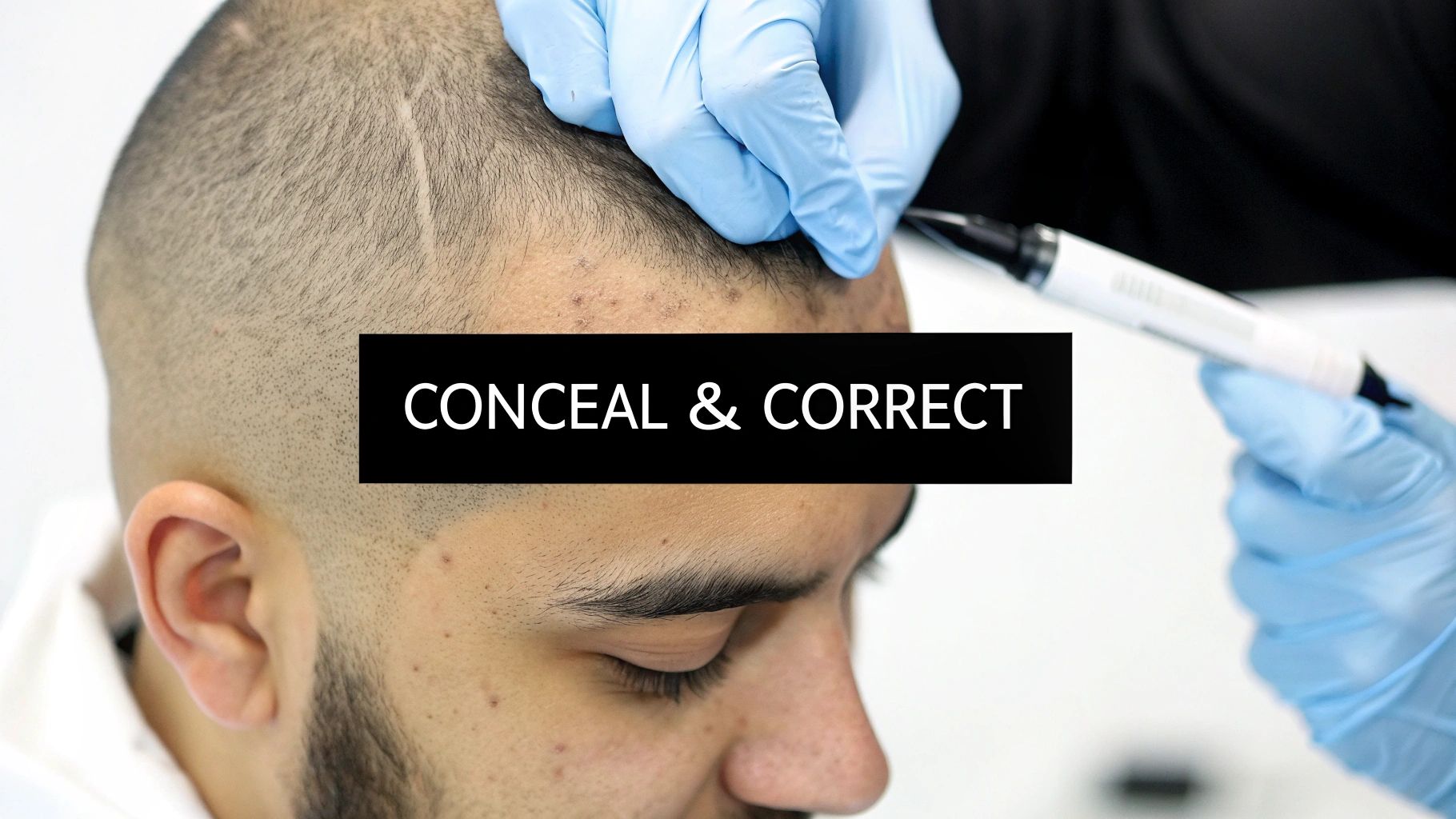 Close-up of a person's shaved scalp with a visible scar being examined and marked by gloved hands.