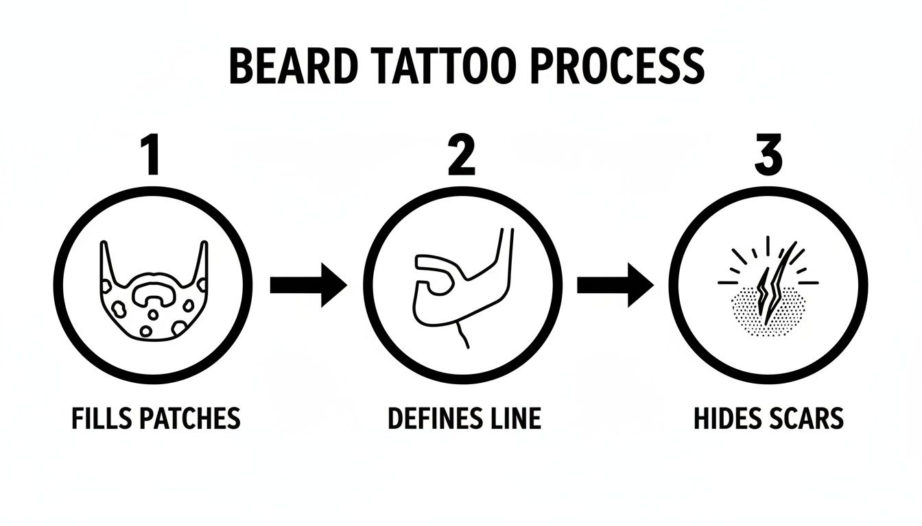 A step-by-step diagram illustrating the beard tattoo process to fill patches, define lines, and hide scars.