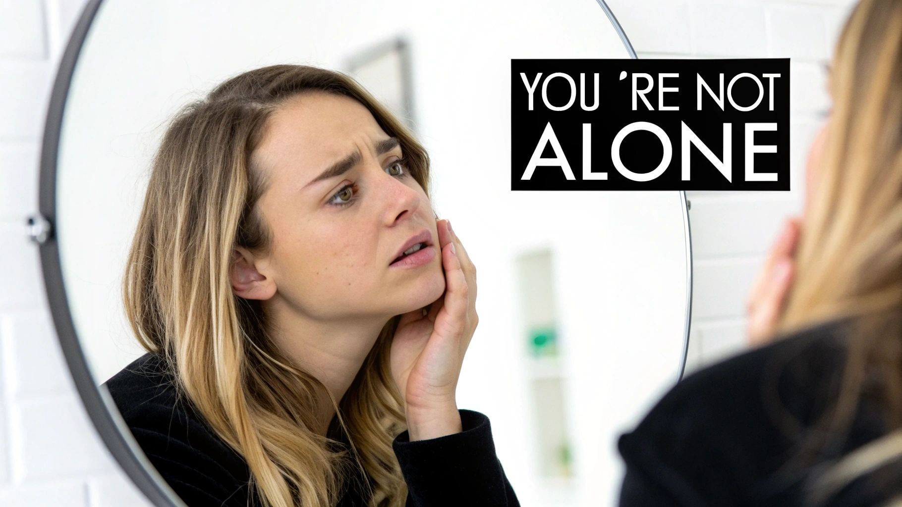 A woman with long, dark hair looks in a mirror, touching her scalp where the hair is thinning.