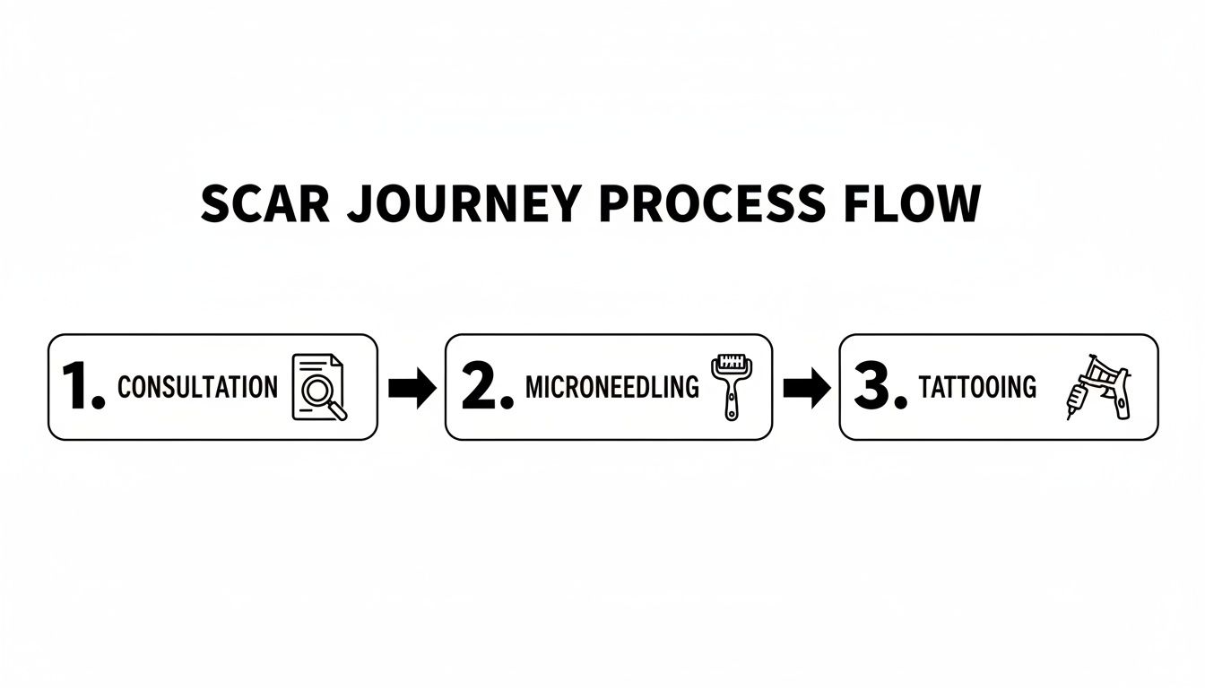 A three-step process flow diagram illustrating scar treatment: consultation, microneedling, and tattooing.