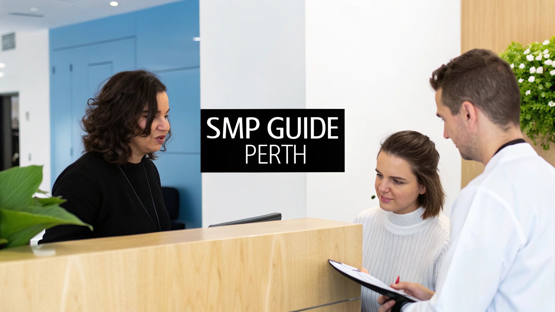 Three people at a modern clinic reception desk, reviewing documents for Scalp Micropigmentation in Perth.